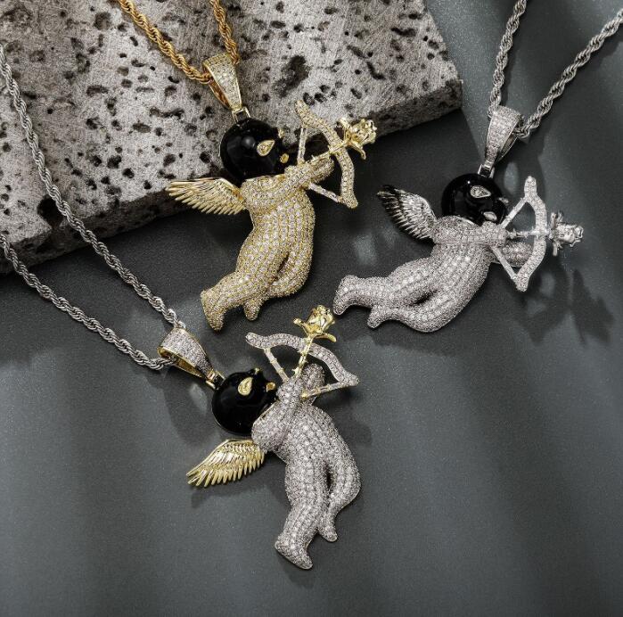 Hip Hop 3A+ CZ Stone Paved Bling Iced Out Masked Love Angel Pendants Necklaces for Men Rapper Jewelry Gold Silver Color Gift-image-760729904