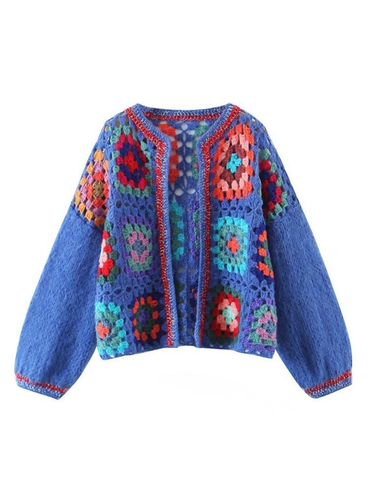 

Women's Knits & Tees Aonibeier 2022 Autumn Women Cropped Jacket Tarf Hollow Out Crochet Knit Cardigan Open Stitch Patchwork Female Loose Swe, Bg