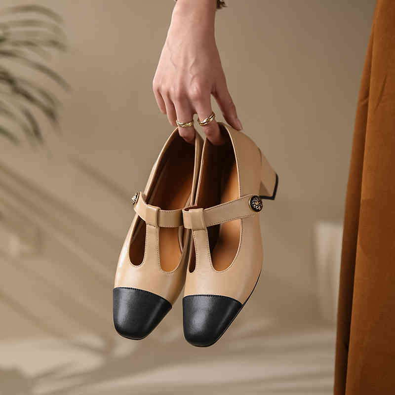 

Dress Shoes Spring style small fragrance single shoes women's color matching T-shaped sheepskin buckle leather IRQ3, 1# shoe box