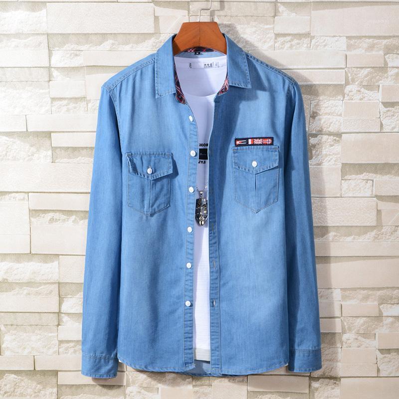 

Men'S Business Casual Long-Sleeved Denim Shirt Classic Print Fashion Pocket Blue Black Cowboy Top Male Spring Summer Slim Jacket Shirts, 805 dark blue