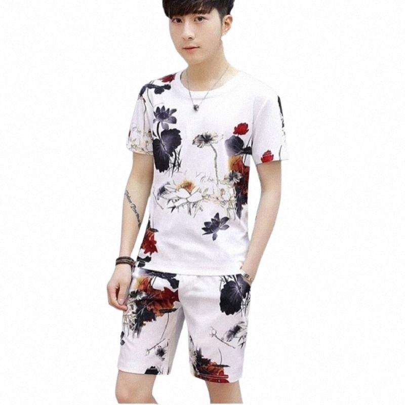 

men's Tracksuits Tracksuit Summer Printed Short-sleeved 2022 Casual Shorts Suit Hip-hop Half-sleeved Shirt T Two-piece g2TS#, Lotus white suit