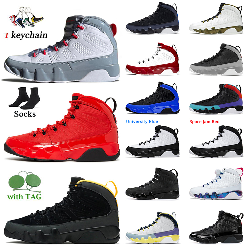 

Top Quality Mens Jumpman 9 9s Basketball Shoes With Socks Chile Fire Red University Gold Racer Blue Change The World White Pink Multi Color Space Jam Trainers Sneakers, D30 university gold 40-47