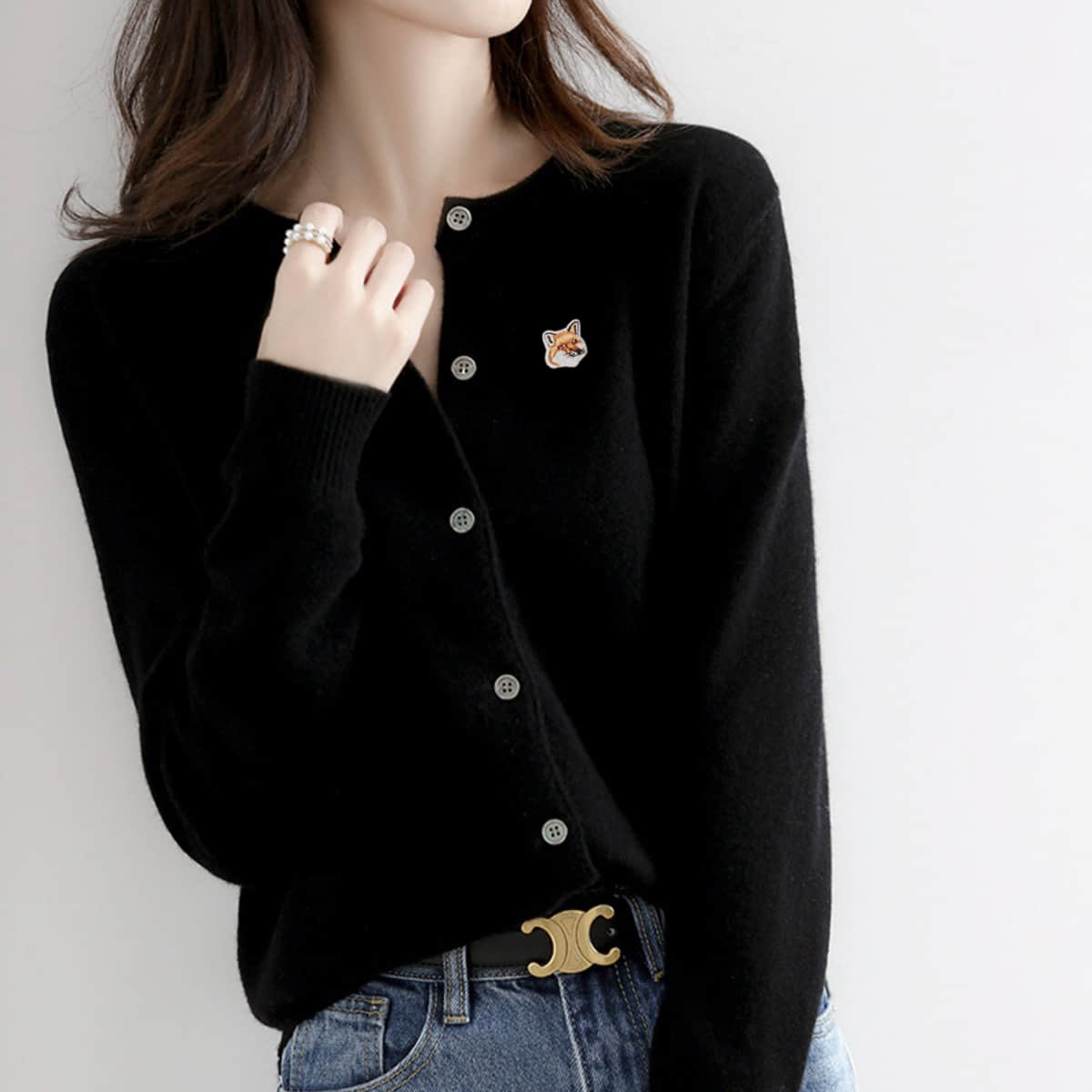 

Womens Maison Fox Embroidery Logo Appliqued Wool Cardigan Lady Slim Fit O-Neck Clothing Coat Street Harajuku Fashion Sweaters, Dark grey