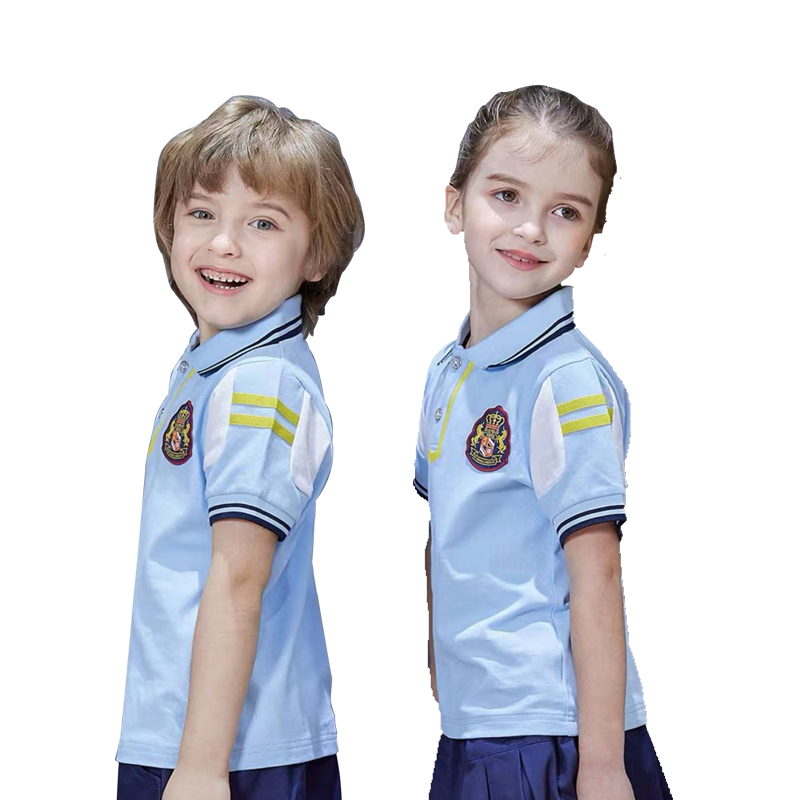 

DIY Tees & Polos Simple and comfortable children's summer short sleeve primary school students British college style clothing customization, Sky blue