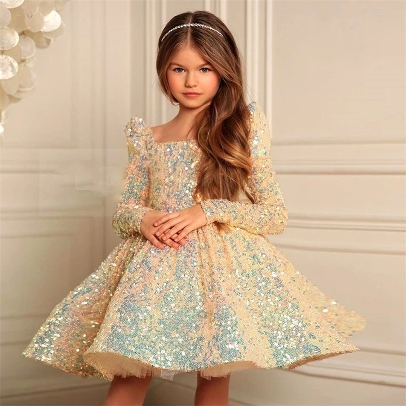 Manches longues formelles demoiselles d'honneur paillettes pour fille robe d'anniversaire élégant moelleux arc fête mariage princesse robes baptê