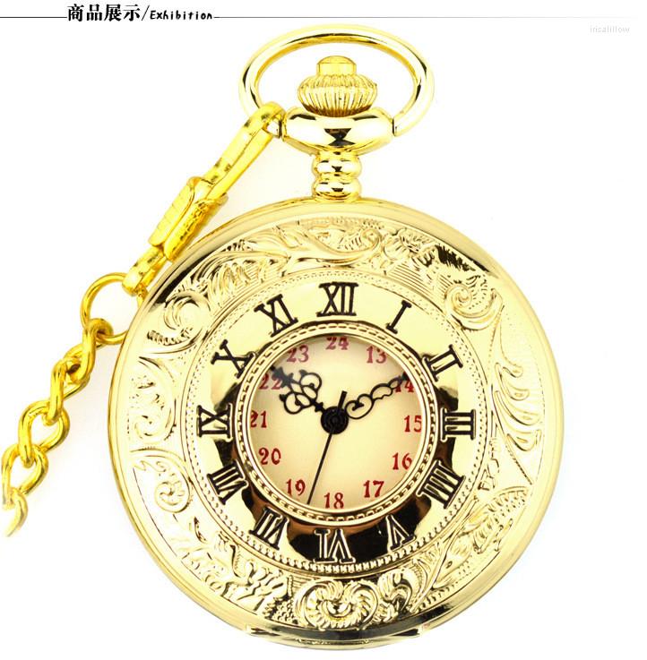 

Pocket Watches Golden Men Women Watch Quantz Engraved Roman Numerals Gold Hand Wind PocketwatchPocket, Black
