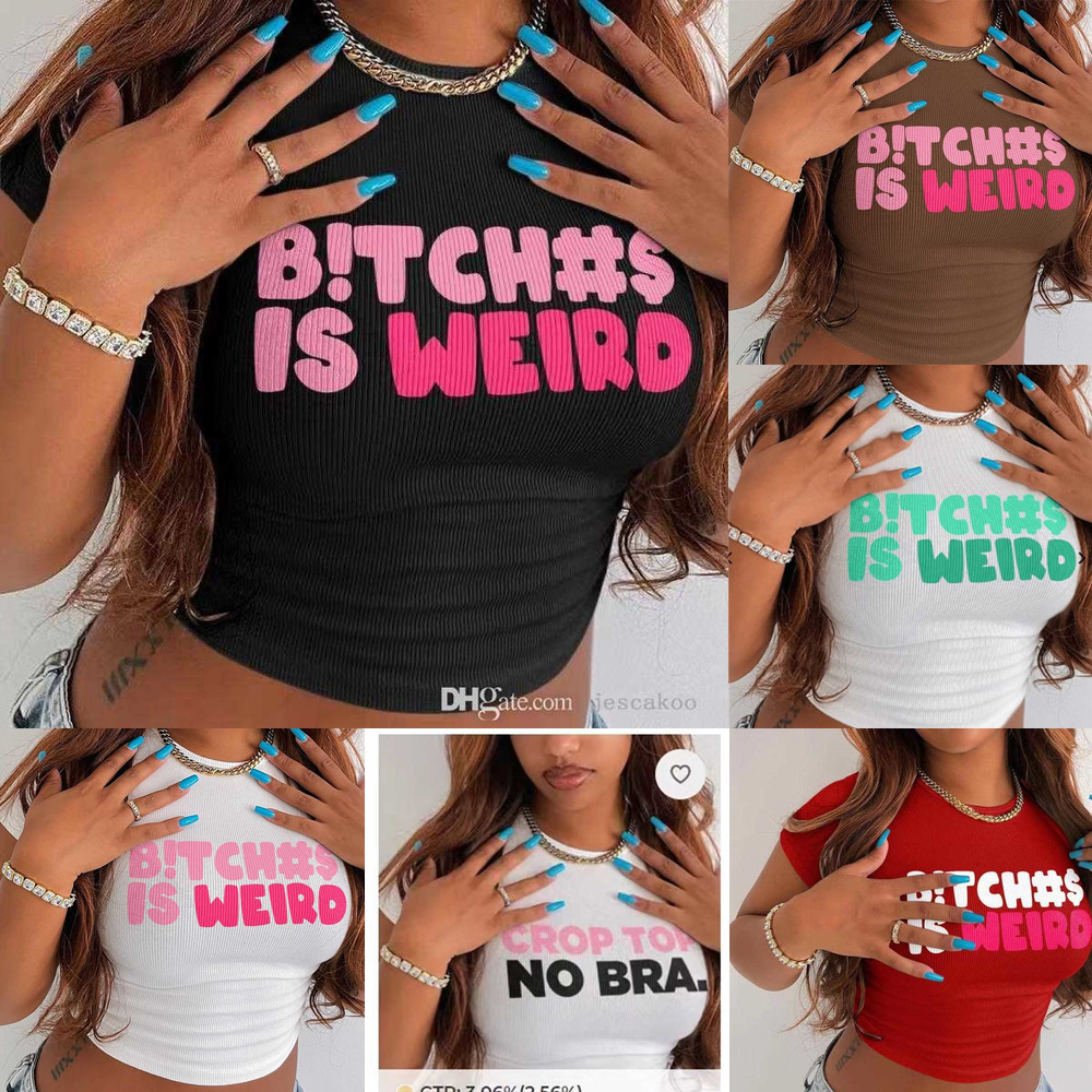 

Wholesale Designer Womens T-shirt 2022 Summer Short Sleeve Letters Printed Tee Round Neck Tight Crop Tops, White