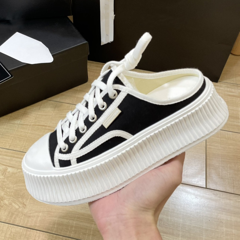 

2022 NEW Canvas Sandals Fabric Slip-on Slippers Luxury Preppy Style Thick Sole Pool Pillow Pantshoes 5cm Platform Heels Mules Size 35-40, Chocolate