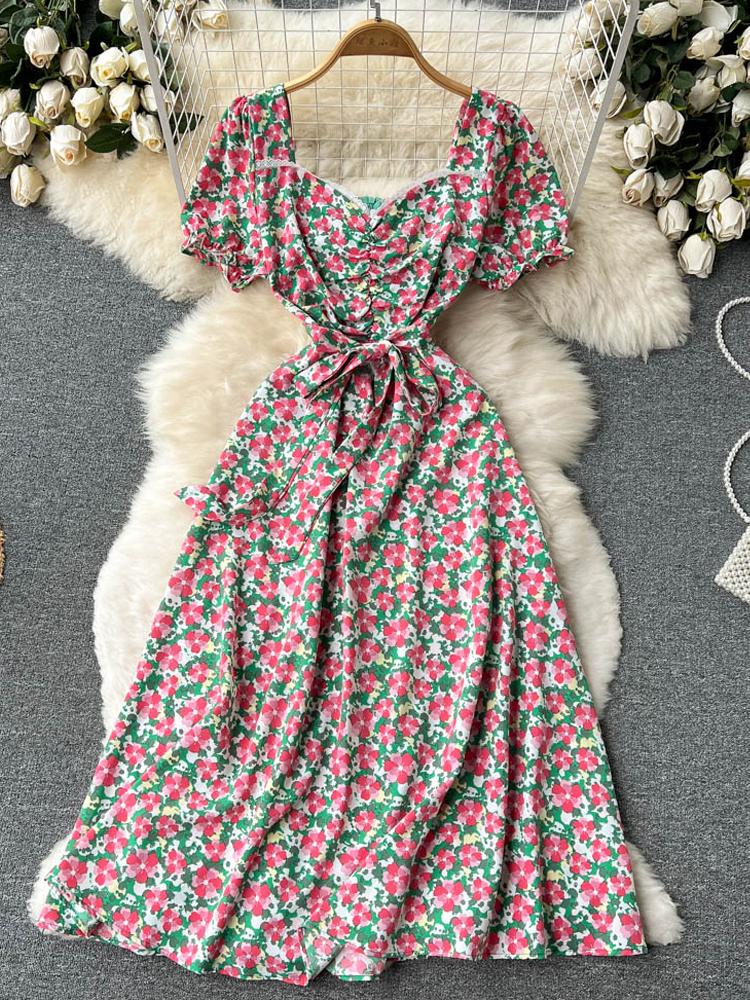

Casual Dresses YuooMuoo Floral Lace V-neck Print Women Dress Fashion Puff Sleeve Belt Long Summer Holiday Party VestidosCasual, Black