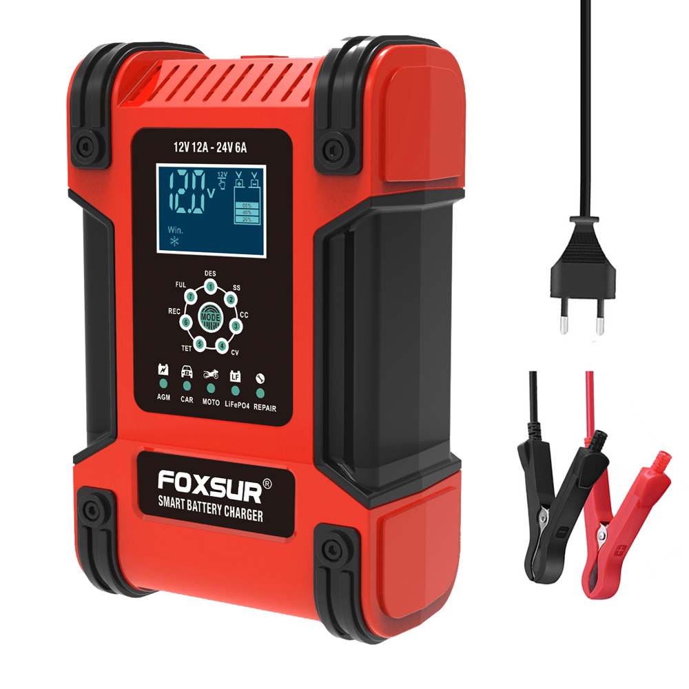 

Foxsur 24V 12V 12A Car Battery Charger for AGM GEL WET Lead Acid Motorcycle Battery Automatic 7-stage Smart Battery Charger