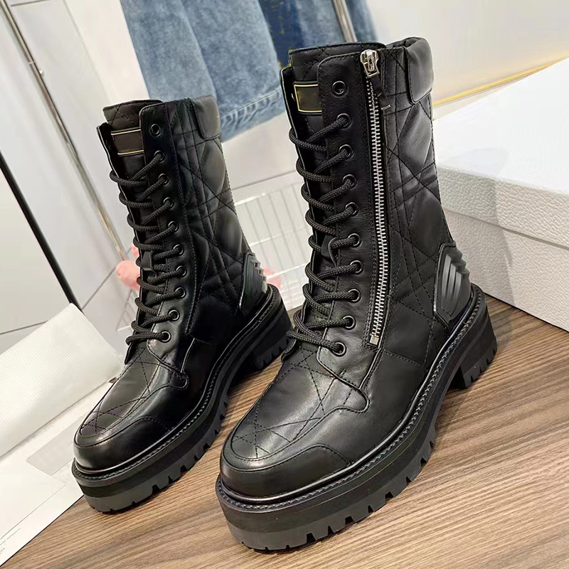 

Design machine high quality women's Ling lattice boots thick soled leather lace up adjustable zipper luxury fashion casual Martin boots 35-41, Black