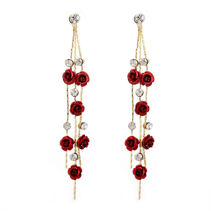 

Fashion Rose Flower Dangle for Women Shiny Rhinestone Long Tassel Asymmetry Drop Earring Girls Wedding Party Jewelry