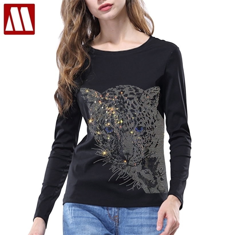 

Shining Diamond T-shirt Plus Size Women Casual Tops Leopard Head Printed Full Sleeve Tshirt Pullover Tee Shirts Femme 220322, T046-o-black-short