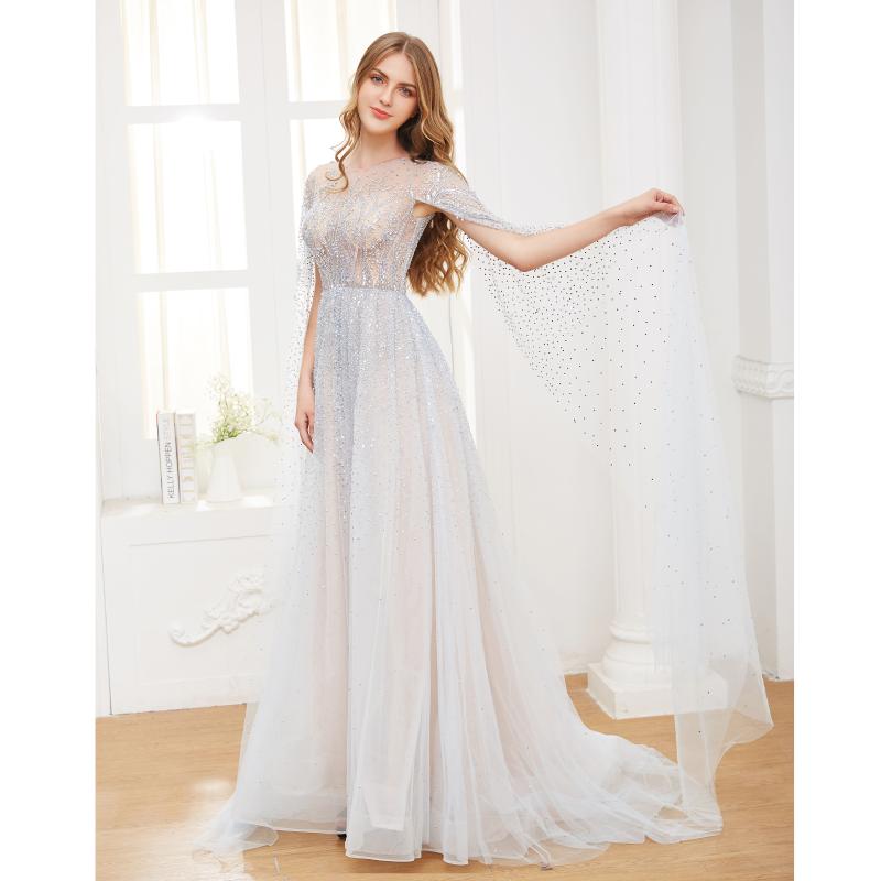 

Party Dresses Baby Blue Long Luxury Host Dress For Girls Gowns With Diamond Handmade Cape Sleeves Women GownsParty, Beige