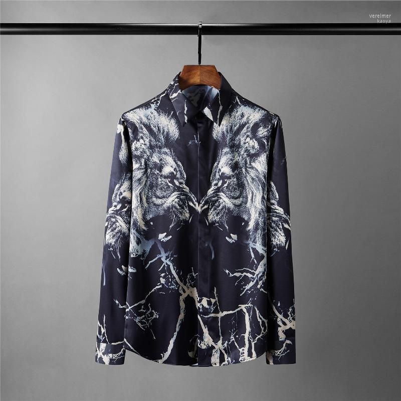 

Minglu Black Mens Shirts Luxury Lion Allover Printing Long Sleeve Dress Plus Size 4xl Slim Fit Casual Man Men's Vere22
