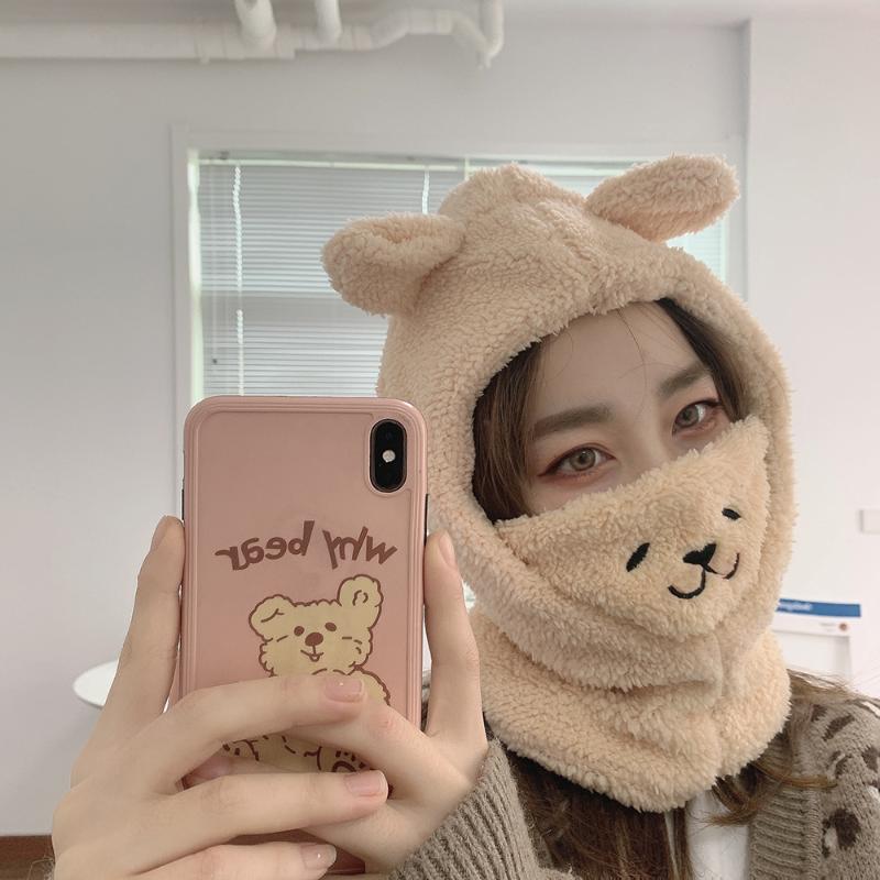 

Berets Cute Cartoon Bear Ear Hat Lamb Plush Cap Winter Warmth Thickened With Mask For Women Girl Couples, White