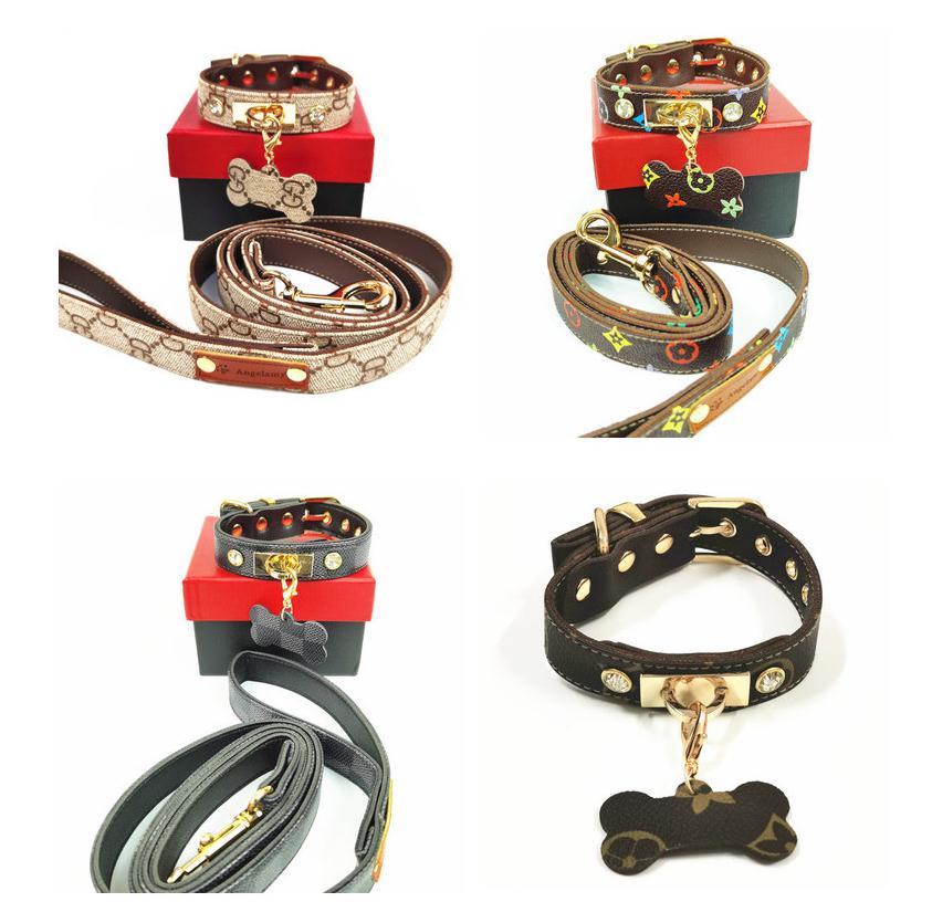 

High Quality Brown Luxury Pet Collars Leather Popular Print Dog Leashes Fashion Pet Neck