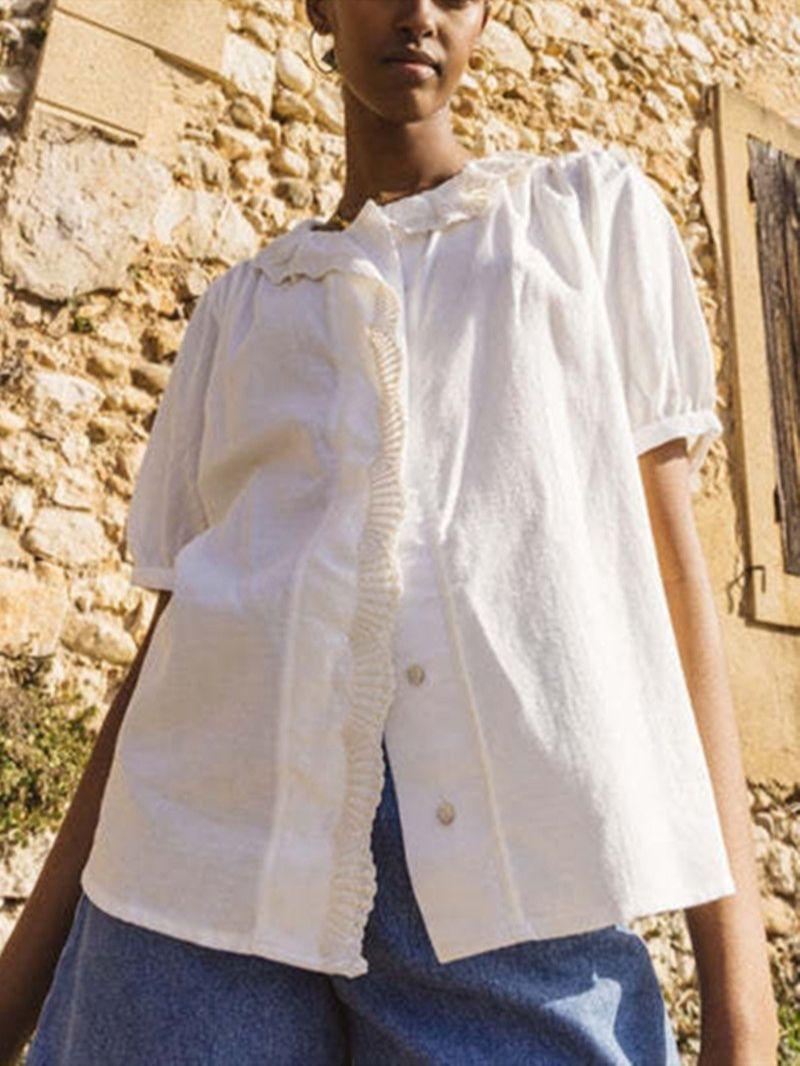 

Women' Blouses & Shirts Women Embroidered Ruffles Trim White Shirt 2022 Summer Ladies Single-Breasted Loose Puff Sleeve TopsWomen
