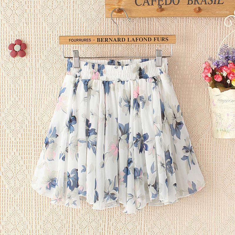 

All-match Bust Skirt Skorts Female Chiffon Short Pleated Floral Print Mini Elastic Band Waist Skirts, Blue flower