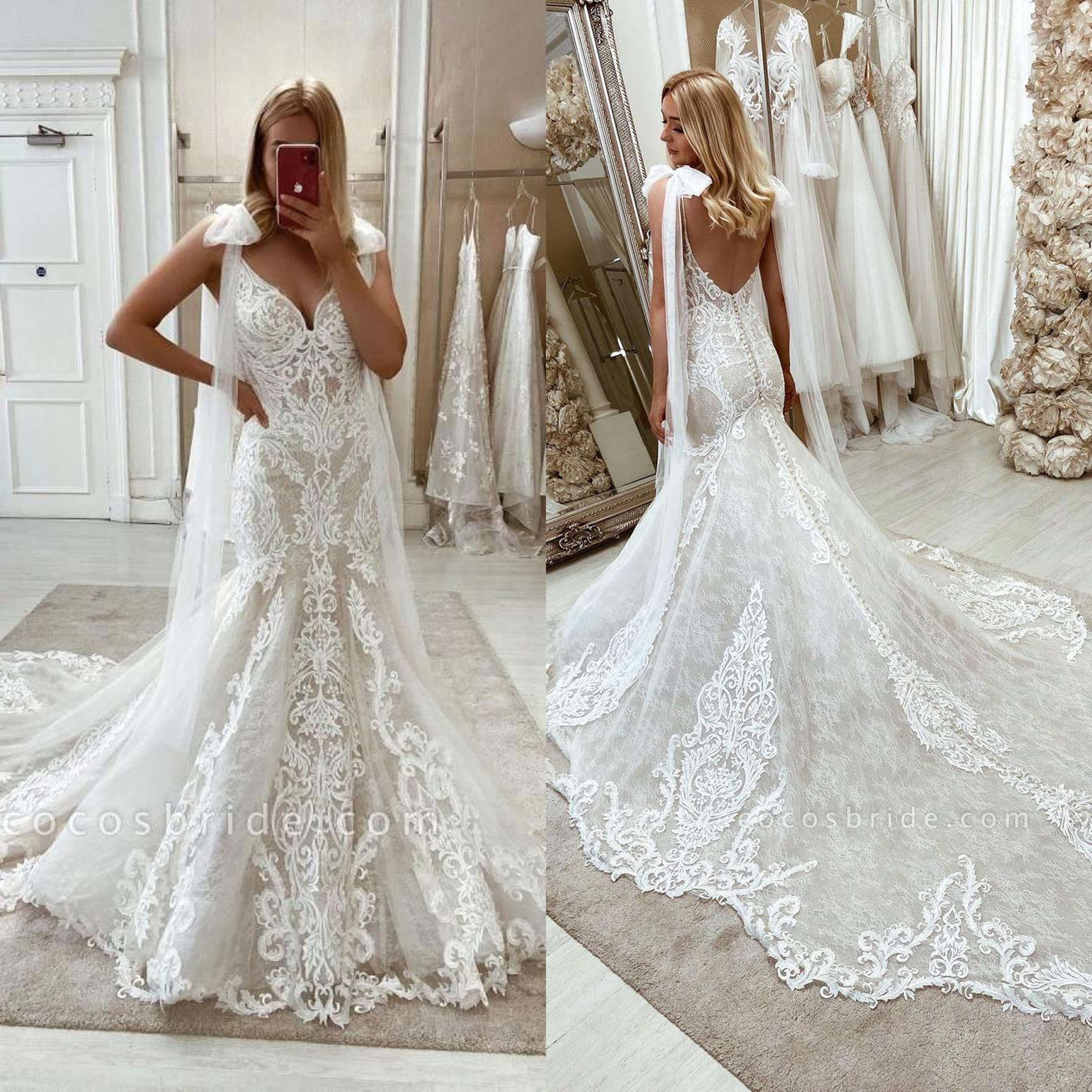 

Sexy Sleeveless plugning V Neck Mermaid Wedding Dresses 2022 Backless Court Train Country style Bridal Gowns BC13081A, White