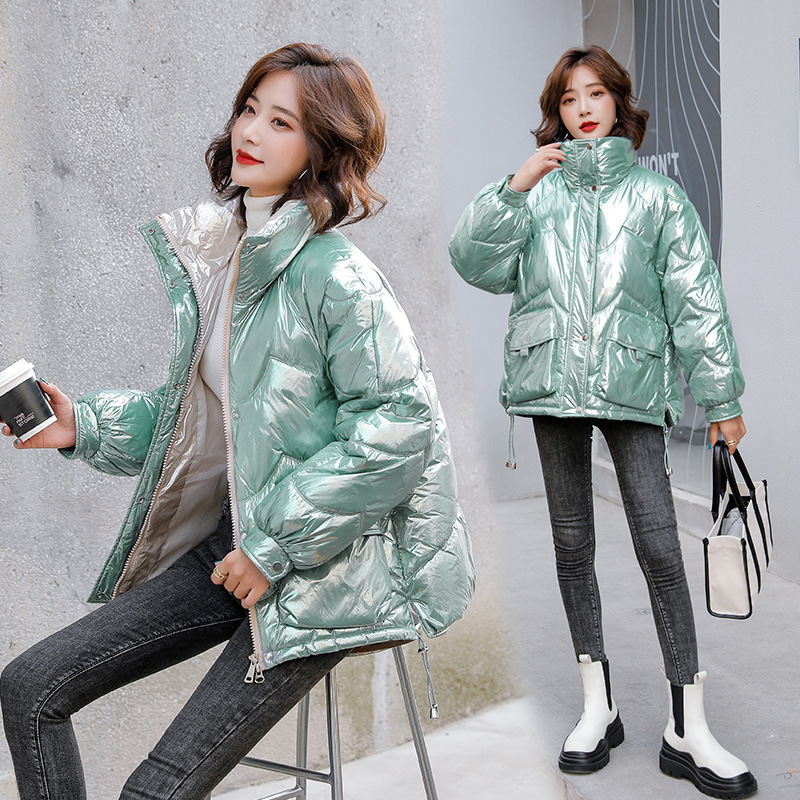 

Winter Down Padded Jacket Korean Short Hooded Bright Leather Disposable Women's Outerwear & Coats, Khaki