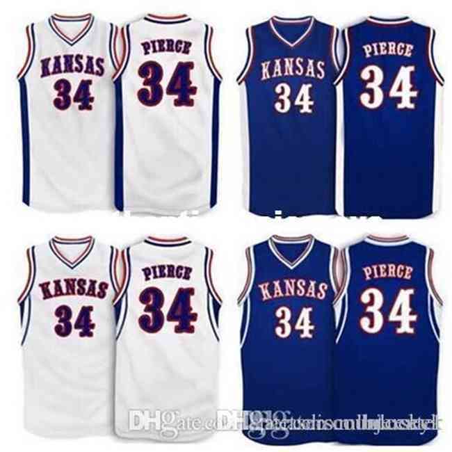 Outlet de fábrica Barato Personalizado # 34 Paul Pierce Kansas Jay Jersey de baloncesto Blanco Azul Bordado Cosido Personalizado Jerseys personalizados ves