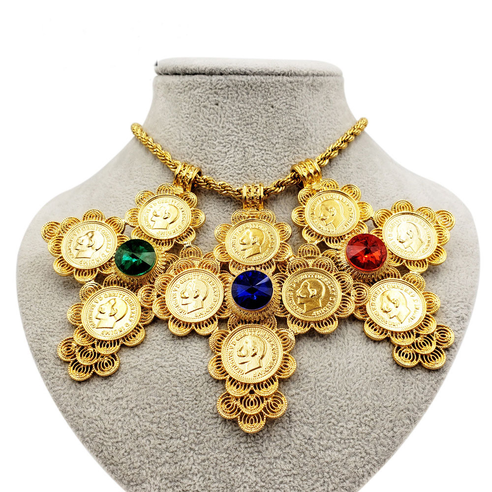 

big Coin Cross Pendants 24k Yellow Solid Gold GF Jewelry Long 600mm Necklaces Africa habesha Ethiopian/eritrea
