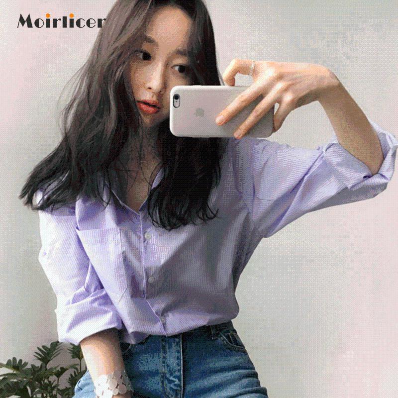 

Spring Women Blouse Striped Turn-down Collar Office Lady Tops Full Sleeve Shirts Light Purple Fashion Female Blusas Women' Blouses