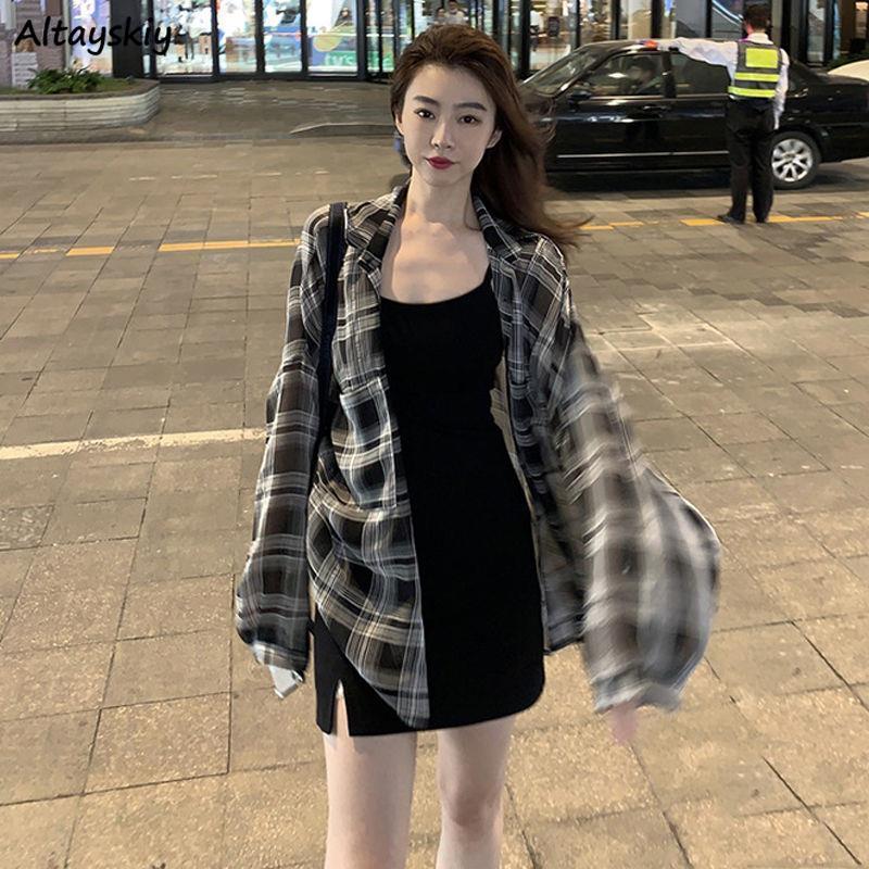 

Women' Blouses & Shirts Women Summer Chiffon Outerwear Sun-proof Leisure Sing Breasted Black Plaid Elegant All-match Tops Female Retro, Black shirts