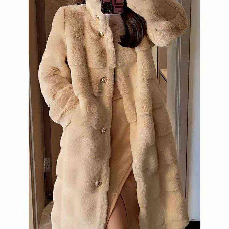 

Winter Furry Coat Women 2021 Korean Fashion Elegant Fine Imitation Mink Fur Coat Long Sleeves Mid-length Fluffy Faux Fur Jacket T220810, As picture