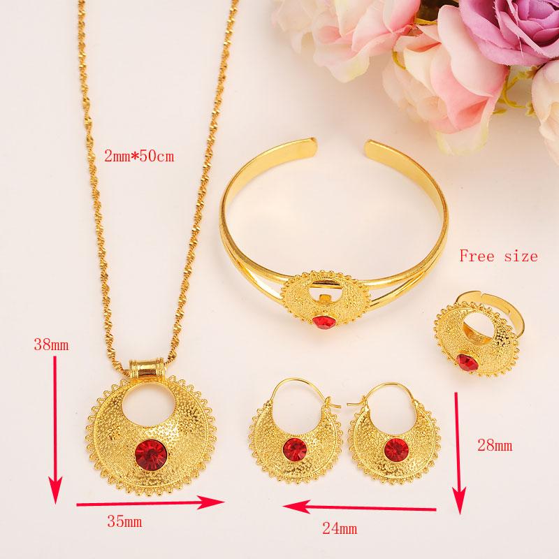 

Ethiopian Set Jewelry Pendant Earrings Ring Bangle 18k Solid Gold Fine CZ red Africa Bride Wedding Eritrea Party Gift