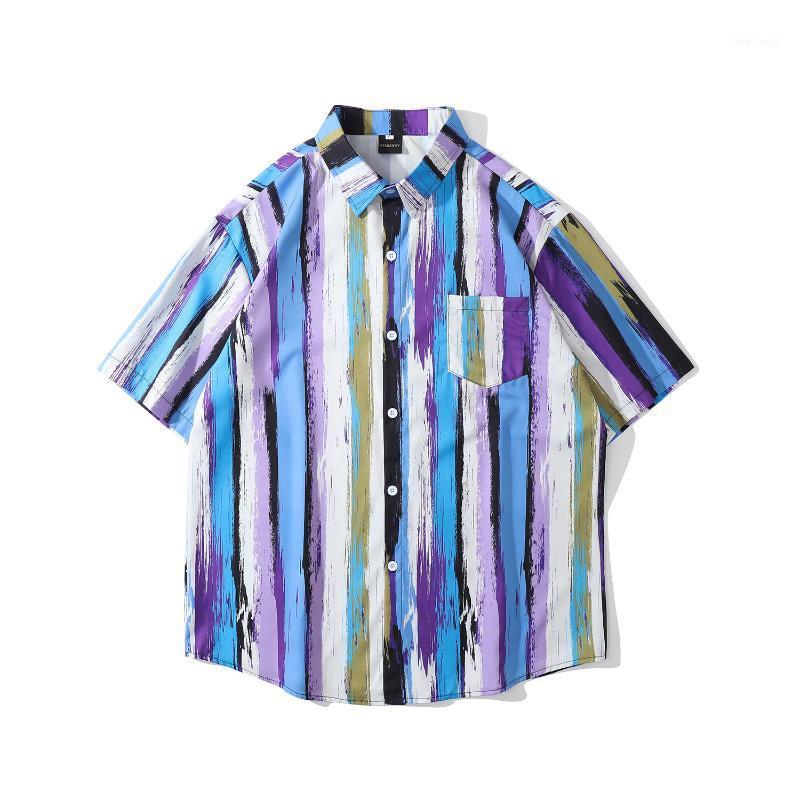 

Men's Casual Shirts Vintage Painted Striped Print Short Sleeve Shirt Summer Loose Chic Blouse Comfortable Beach Hawaii Streetwear, 5063