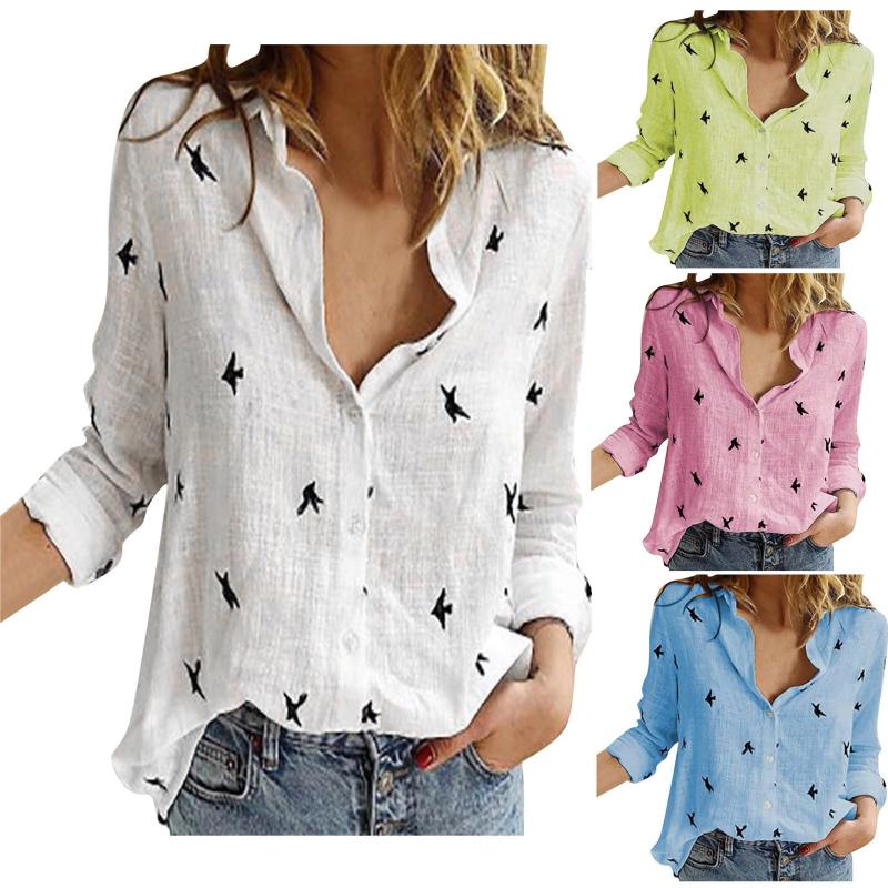 

Women' Blouses & Shirts Women Cotton Line Shirt Casual Turn Down Collar Long Sleeve Print Chic Sexy Buttons Womens Tops And, Blue