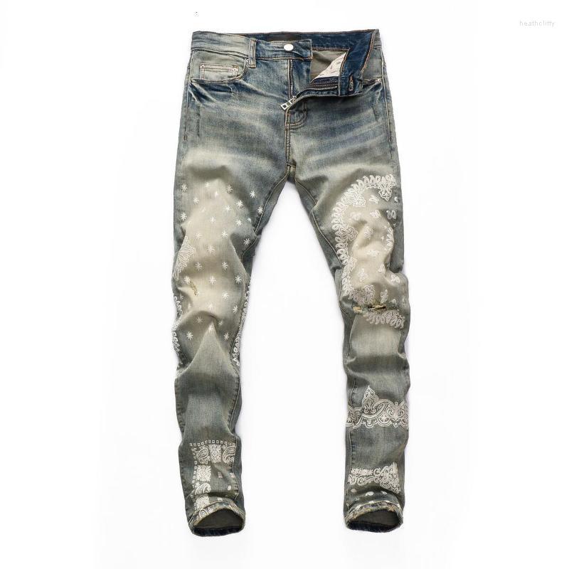 

Men's Jeans Trend Brand Fashion Retro Pattern Printed Feet Stretch Men's Pants Men Jean Skinny Graphic GeometricMen's Heat22, Gray blue