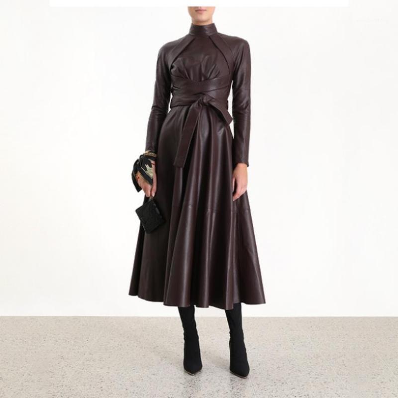 Robes décontractées Plus Taille 2XL 3XL 4XL 5XL Longueur de la cheville Robe en cuir Piste plus longue Pu Femme Taille haute Sorties irrégulières