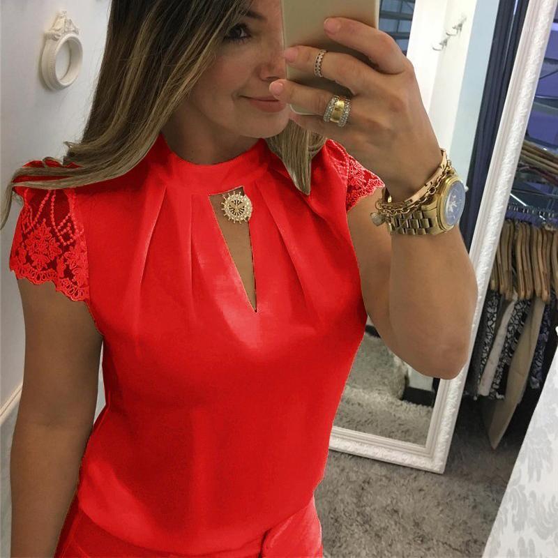 

Women's Blouses & Shirts 2022 Women Sexy Blouse Stand Collar Lace Splice Hollow Out Zipper Shirt For Casual Summer Ladies Basic Tee Tops, Red
