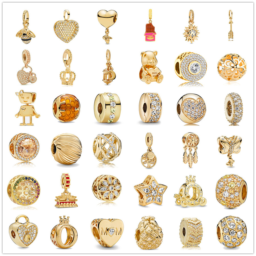 925 STERLING SILPS PREST CHARM SPILLING CLIP Perle Zirconi Gol Couleur Famille Pendre Perle Perle Fit Pandora Charms Bracelet Bijoux DIY ACCESSOI