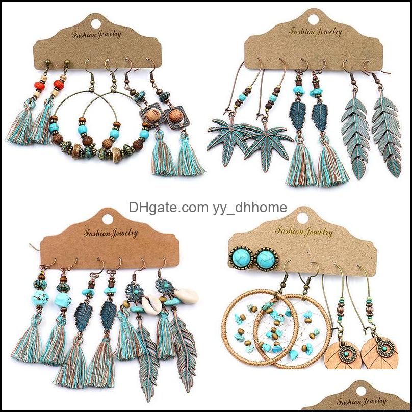 

Charm Earrings Jewelry Original Ethnic Style 3-Piece Retro Creative Geometric Alloy Earring Wild Handmade Tassel Rice Beads Winding Turquois