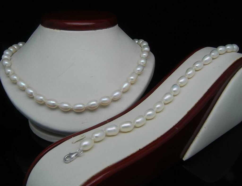 

8-9mm White Freshwater Cultured Akoya Rice Pearl Necklace Bracelet Set 18/7.5''