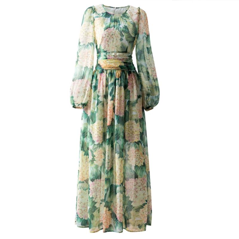 Robes décontractées printemps et été belle hortensia mousseline de soie imprimé col rond robe longue femme décontractée