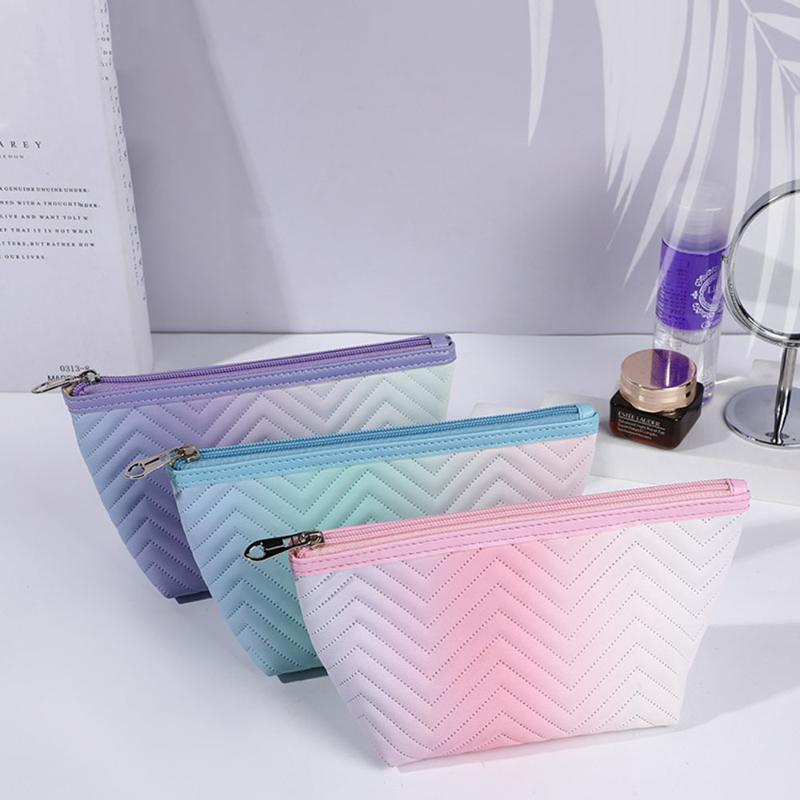 

Cosmetic Bags & Cases Waterproof Gradient Color Stripe Makeup Bag For Women Zipper Pu Leather Pouch Travel Female 2022Cosmetic, Gradient green