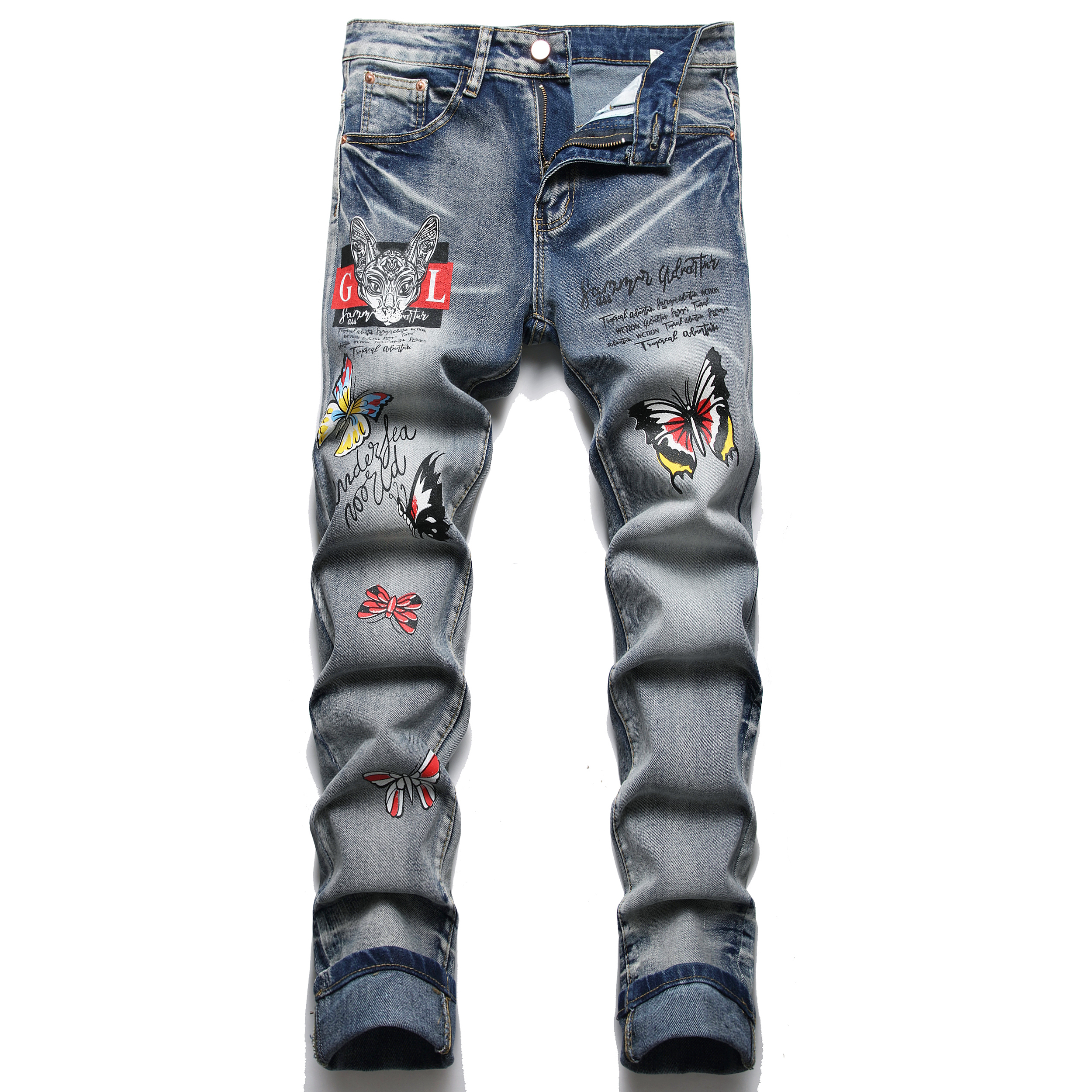 Jeans Men Slim Fit Stretch Printed Straight Biker Denim Pants Big Size Motocycle Men's Hip Hop Trousers For Male