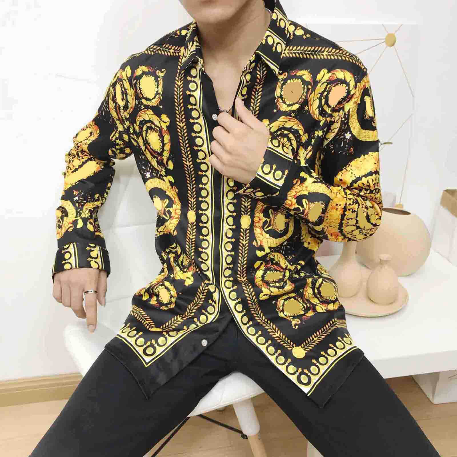 

2021 Fashion designer slim shirt for men 3D Medusa black gold floral print men's dress long sleeve business casual