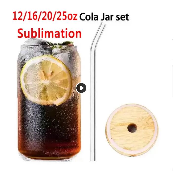 

USA warehouse 12oz 16oz DIY blank sublimation Can Tumblers Shaped Beer Glass Cups with bamboo lid and straw for iced coffee soda T0420, Frosted