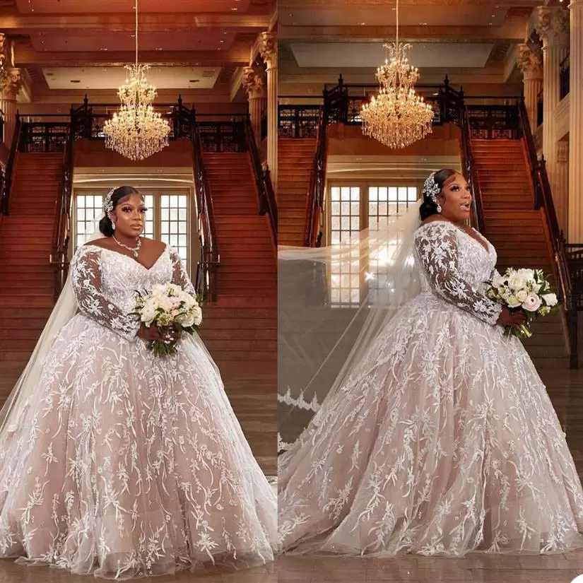 

2022 Blush Pink Plus Size Wedding Dresses Bridal Gown V Neck Long Sleeves Tulle Lace Applique Sweep Train Custom Made Vestidos de novia, Ivory