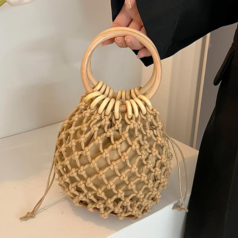 

Evening Bags Small Braided Drawstring Women Handbag 2 Pc Cutout Fashion Clutch With Bamboo Handle Designer Trend Beach HandbagsEvening BagsE, Beige bag