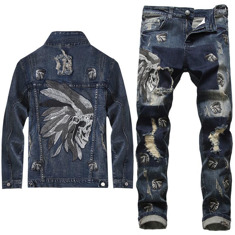 

Men's Tracksuits 2022 European Style Men Sets Embroidered Stretch Denim Blue 2 Pieces Maching Set Jacket And Hole Jeans Mens Clohing, Jacket and jeans