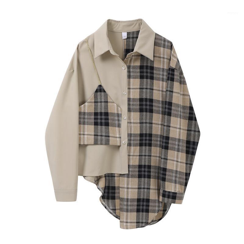 

Women's Blouses & Shirts Patchwork Elegant Women Shirt 2022 Spring Turn Down Long Sleeve Fashion Casual Loose Designer Streetwear Plaid Blou, Plaid blouse