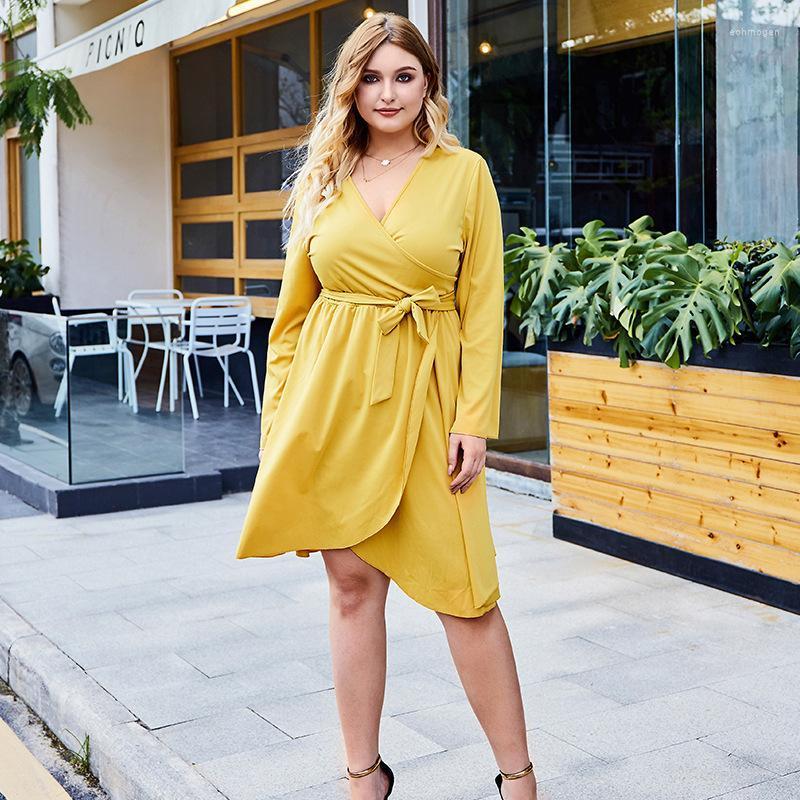 

Plus Size Dresses Summer Pure Color V Neck High Waist Tied Long Sleeves Dress Women Vestidos De Mujer Casual Tallas Grandes Echm22, Yellow