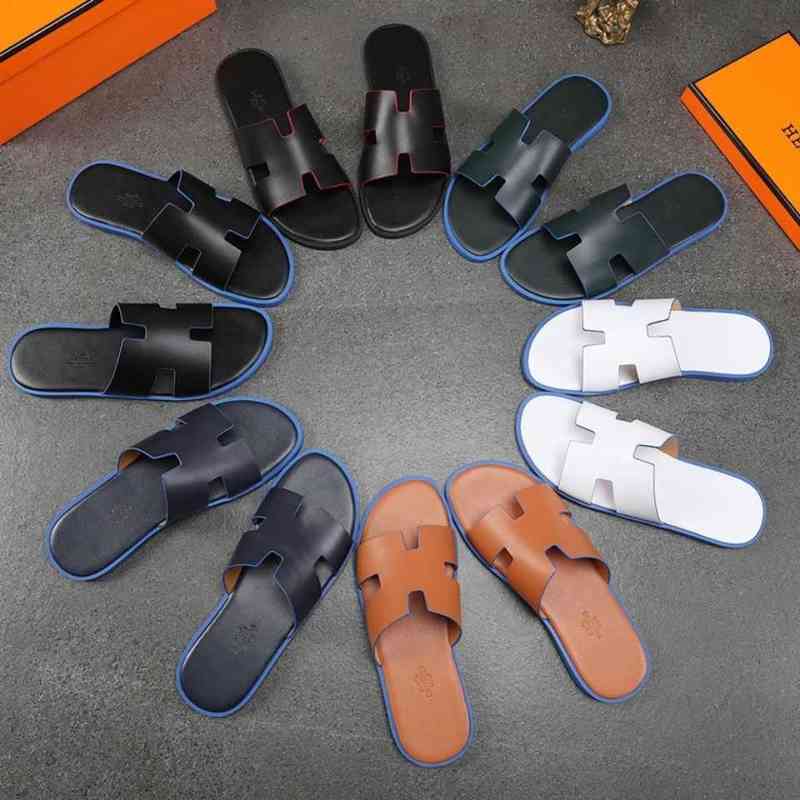 

Herme Men's Slippers European station sandals breathable beach trend h brand leather men's slippers non slip Leather Flip Flops in summer, White